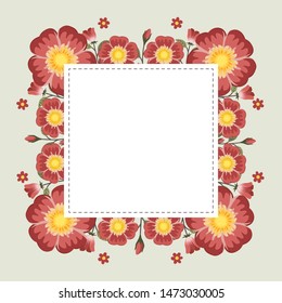 Floral greeting card and invitation template for wedding or birthday, Vector square shape of text box label and frame, Red rosa gallica flowers wreath ivy style with branch and leaves.