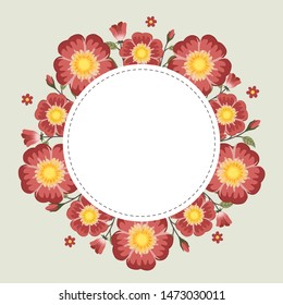 Floral greeting card and invitation template for wedding or birthday, Vector circle shape of text box label and frame, Red rosa gallica flowers wreath ivy style with branch and leaves.