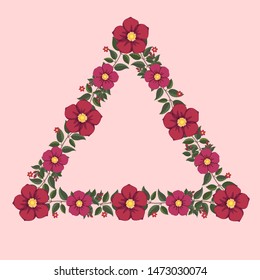 Floral greeting card and invitation template for wedding or birthday, Vector triangle shape of text box label and frame, Red and pink flowers wreath ivy style with branch and leaves.