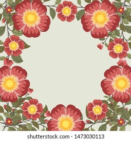 Floral greeting card and invitation template for wedding or birthday, Vector circle shape of text box label and frame, Red rosa gallica flowers wreath ivy style with branch and leaves.