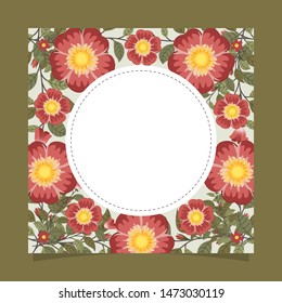 Floral greeting card and invitation template for wedding or birthday, Vector circle shape of text box label and frame, Red rosa gallica flowers wreath ivy style with branch and leaves.