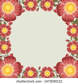 Floral greeting card and invitation template for wedding or birthday, Vector square shape of text box label and frame, Red rosa gallica flowers wreath ivy style with branch and leaves.