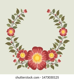 Floral greeting card and invitation template for wedding or birthday, Vector circle shape of text box label and frame, Red rosa gallica flowers wreath ivy style with branch and leaves.