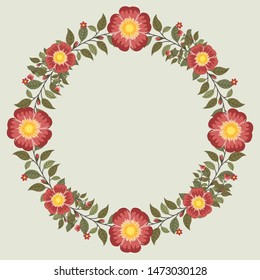 Floral greeting card and invitation template for wedding or birthday, Vector circle shape of text box label and frame, Red rosa gallica flowers wreath ivy style with branch and leaves.