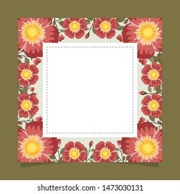 Floral greeting card and invitation template for wedding or birthday, Vector square shape of text box label and frame, Red rosa gallica flowers wreath ivy style with branch and leaves.