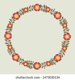 Floral greeting card and invitation template for wedding or birthday, Vector circle shape of text box label and frame, Red rosa gallica flowers wreath ivy style with branch and leaves.