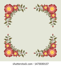 Floral greeting card and invitation template for wedding or birthday, Vector square shape of text box label and frame, Red rosa gallica flowers wreath ivy style with branch and leaves.