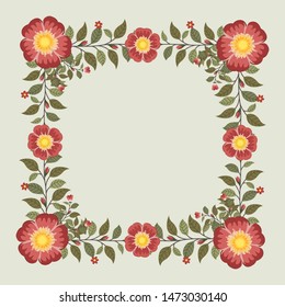 Floral greeting card and invitation template for wedding or birthday, Vector square shape of text box label and frame, Red rosa gallica flowers wreath ivy style with branch and leaves.