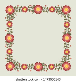 Floral greeting card and invitation template for wedding or birthday, Vector square shape of text box label and frame, Red rosa gallica flowers wreath ivy style with branch and leaves.