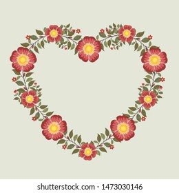 Floral greeting card and invitation template for wedding or birthday, Vector heart shape of text box label and frame, Red rosa gallica flowers wreath ivy style with branch and leaves.