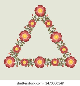 Floral greeting card and invitation template for wedding or birthday, Vector triangle shape of text box label and frame, Red rosa gallica flowers wreath ivy style with branch and leaves.