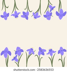 Floral greeting card with iris flowers border. Botanical social media spring and summer template. Vector flat illustration poster with space for text