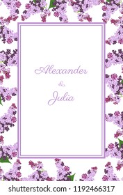 Floral greeting card with lilac tree. Vector illustration for wedding. Colorful card