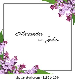 Floral greeting card with lilac tree. Vector illustration isolated on white background. Colorful card for wedding