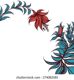 Floral greeting card with little bird. Vector line art. 
