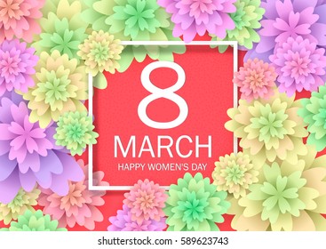 Floral greeting card. March 8. Happy Women's Day. flowers cutting out pieces of paper. Celebratory background with a square frame. Pastel, origami. Mother's Day, vector illustration.