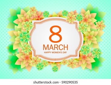 Floral greeting card. March 8. Happy Women's Day. flowers cutting out pieces of paper. Celebratory background with a oval frame. Pastel. Mother's Day, vector illustration.