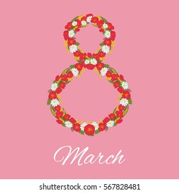 Floral greeting card. Mimosa, tulip, chamomile, leaves intertwined in the shape of a heart. Usable for design greeting card, Valentine's day, invitation to wedding, birthday. Vector illustration.