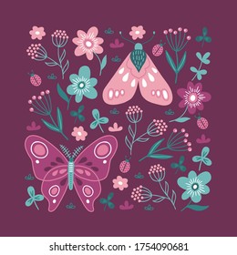 Floral greeting card with moth, butterfly flowers, berries, leaves, bugs, clovers on dark background. Perfect for spring and summer invitation, posters. Vector illustration