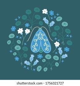 Floral greeting card with moth, nasturtium, small flowers on dark green background. Isolated circle ornament. Perfect for spring and summer invitation, posters. Vector illustration