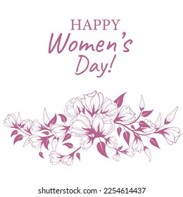 Floral greeting, card with Mother's Day, Women's Day. Hand drawn flowers, branches and buds