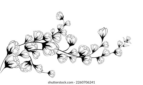 Floral greeting, card with Mother's Day, Women's Day. Hand drawn flowers, branches and buds