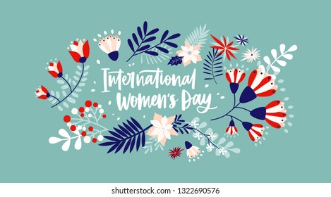 Floral greeting card on blue background with International Women's Day lettering handwritten with cursive font by blooming spring flowers and leaves. Flat festive vector illustration for 8 march.