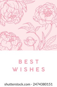 Tarjeta de felicitación floral con flores de peonía. Diseño de postal botánica, flores de jardín. Elegante póster rosa dibujado en estilo retro romántico. Los mejores deseos de fondo. Ilustración vectorial dibujada a mano