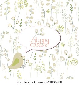 Floral greeting card with phrase Spring is coming. Template for your festive design, announcements, greeting cards, posters, advertisement. Background is seamless.