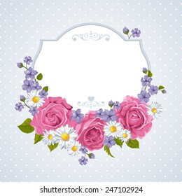 Floral greeting card with roses and frame. Background with polka dot. Perfect for greeting cards and invitations of the wedding, birthday, Valentine's Day, Mother's Day.