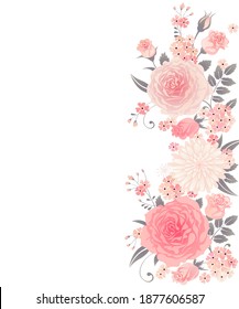 Floral greeting card with roses and leaves. Vintage floral background, border.