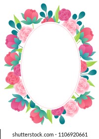 Floral greeting card with roses, peony buds, leaves and oval blank label. Perfect for wedding and holiday invitations.