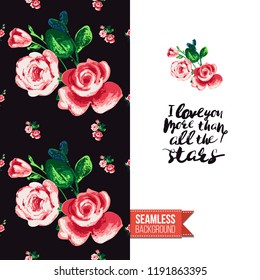 Floral greeting card with roses. Red hand drawn watercolor style flowers on black background and inscription: i love you more than all the stars. Vector template for flyer, invitation or postcard.