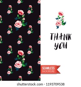 Floral greeting card with roses. Red hand drawn watercolor style flowers on black background and inscription: thank you. Vector template for flyer, invitation or postcard.