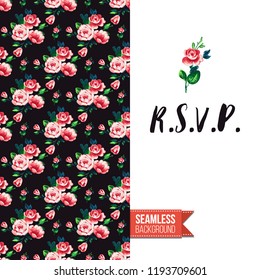 Floral greeting card with roses. Red hand drawn watercolor style flowers on black background and inscription: r.s.v.p. Vector template for flyer, invitation or postcard.