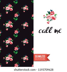 Floral greeting card with roses. Red hand drawn watercolor style flowers on black background and inscription: call me. Vector template for flyer, invitation or postcard.