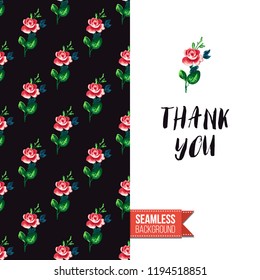 Floral greeting card with roses. Red hand drawn watercolor style flowers on black background and inscription: thank you. Vector template for flyer, invitation or postcard.