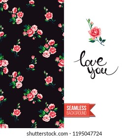 Floral greeting card with roses. Red hand drawn watercolor style flowers on black background and inscription: love you. Vector template for flyer, invitation or postcard.