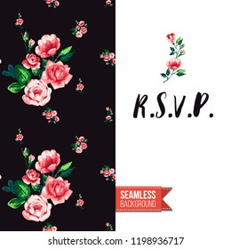 Floral greeting card with roses. Red hand drawn watercolor style flowers on black background and inscription: r.s.v.p.. Vector template for flyer, invitation or postcard.