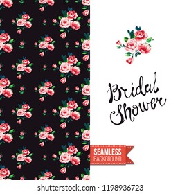 Floral greeting card with roses. Red hand drawn watercolor style flowers on black background and inscription: bridal shower. Vector template for flyer, invitation or postcard.