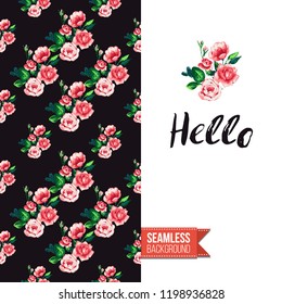 Floral greeting card with roses. Red hand drawn watercolor style flowers on black background and inscription: hello. Vector template for flyer, invitation or postcard.