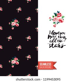 Floral greeting card with roses. Red hand drawn watercolor style flowers on black background and inscription: i love you more than all the stars. Vector template for flyer, invitation or postcard.