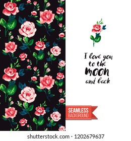 Floral greeting card with roses. Red hand drawn watercolor style flowers on black background and inscription: i love you to the moon and back. Vector template for flyer, invitation or postcard.
