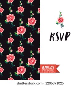 Floral greeting card with roses. Red hand drawn watercolor style flowers on black background and inscription: rsvp. Vector template for flyer, invitation or postcard.