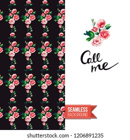 Floral greeting card with roses. Red hand drawn watercolor style flowers on black background and inscription: call me. Vector template for flyer, invitation or postcard.