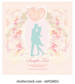 Floral greeting card with silhouette of romantic couple