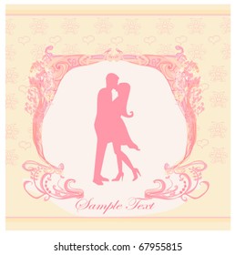Floral greeting card with silhouette of romantic couple