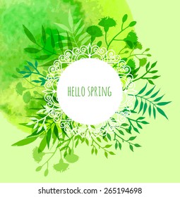 Floral greeting card with "Spring" Nature watercolor frame. Vintage retro background with floral ornament You can design cards, notebook cover and so on. Spring theme 