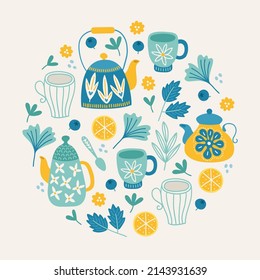 Floral greeting card with teapot, cup, flower, leaves, lemon, spoon on white background. Circle ornament. Perfect for spring and summer holidays. 