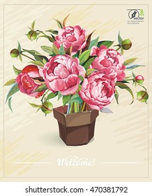 Floral greeting card or template for congratulation design with pink Peony flower, eps8